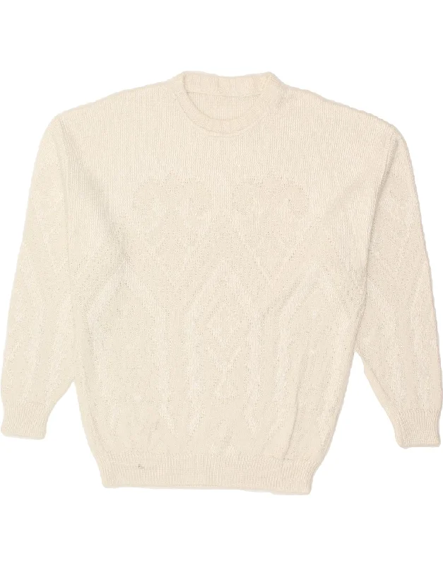 VINTAGE Womens Crew Neck Jumper Sweater  UK 18 XL White Floral Viscose Cashmere Blend Cotton Blend Poly Blend