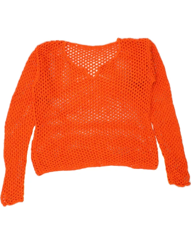 VINTAGE Womens Crochet V-Neck Jumper Sweater UK 14 Medium Orange Chenille Brocade Lace