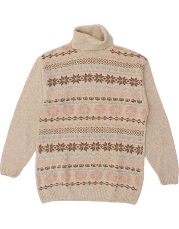 VINTAGE Womens Roll Neck Jumper Sweater UK 16 Large Beige Fair Isle Silk Blend Satin Velvet VINTAGE Womens Roll Neck Jumper Sweater UK 16 Large Beige Fair Isle Silk Blend Satin Velvet