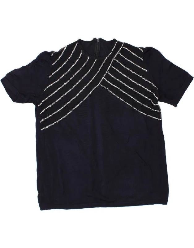 VINTAGE Womens Short Sleeve Crew Neck Jumper Sweater UK 18 XL Navy Blue Silk Blend Satin Velvet
