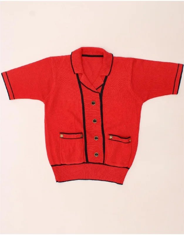 VINTAGE Womens Short Sleeve Polo Neck Jumper Sweater UK 12 Medium Red Mesh Blend Leather Blend Suede Blend VINTAGE Womens Short Sleeve Polo Neck Jumper Sweater UK 12 Medium Red Mesh Blend Leather Blend Suede Blend