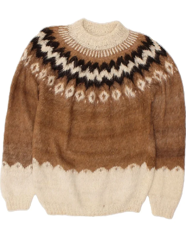 VINTAGE Womens Turtle Neck Jumper Sweater UK 14 Medium Brown Fair Isle Cotton Fabric Linen Fabric Terry Fabric