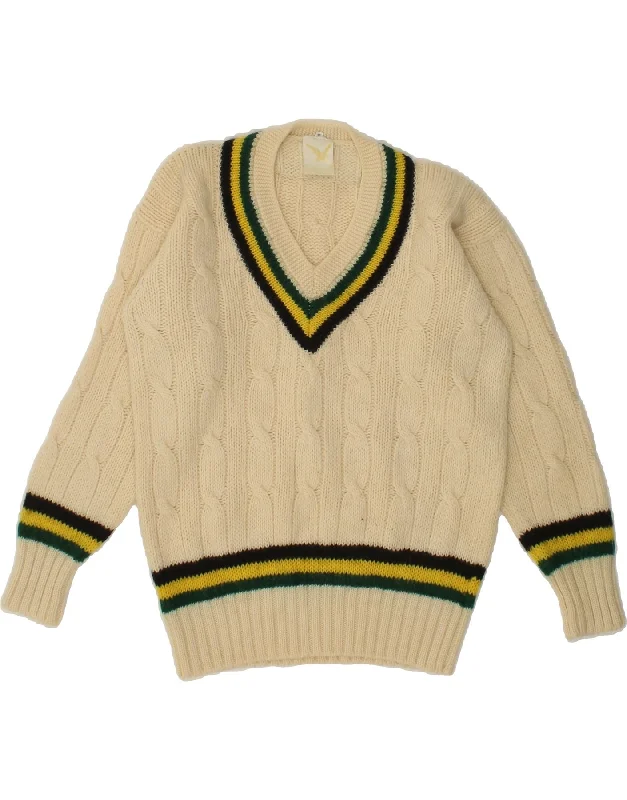 VINTAGE Womens V-Neck Jumper Sweater EU 42 Large Off White Wool Spandex Blend Rayon Blend Denim Blend VINTAGE Womens V-Neck Jumper Sweater EU 42 Large Off White Wool Spandex Blend Rayon Blend Denim Blend