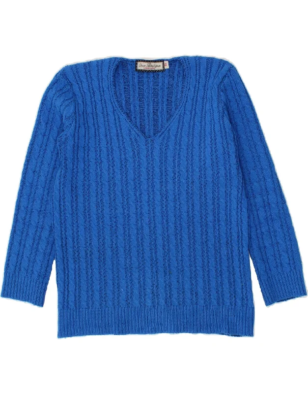 VINTAGE Womens V-Neck Jumper Sweater UK 10 Small  Blue Acrylic Glossy Satin Silk