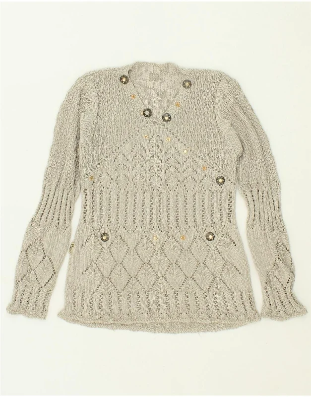 VINTAGE Womens V-Neck Jumper Sweater UK 10 Small Grey Cable Knit Ribbed Knit Lace Knit VINTAGE Womens V-Neck Jumper Sweater UK 10 Small Grey Cable Knit Ribbed Knit Lace Knit
