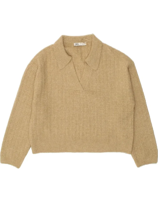 ZARA Womens Oversized Polo Neck Jumper Sweater UK 14 Medium Beige Acrylic Mesh Fabric Canvas Fabric Denim Fabric